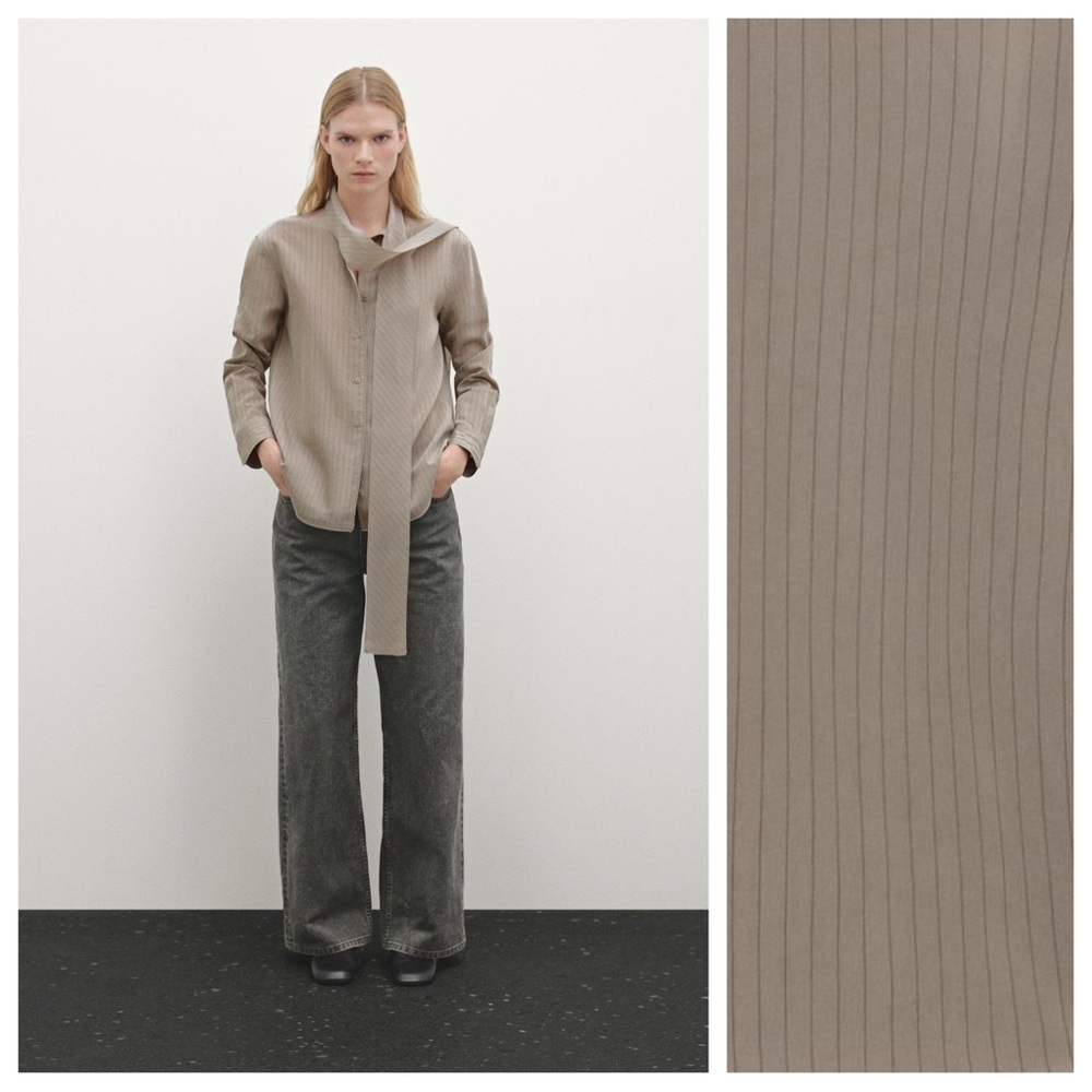 NWT. Massimo Dutti Sand/Grey Flowing Striped Shirt with Tie Detail. Size XS.